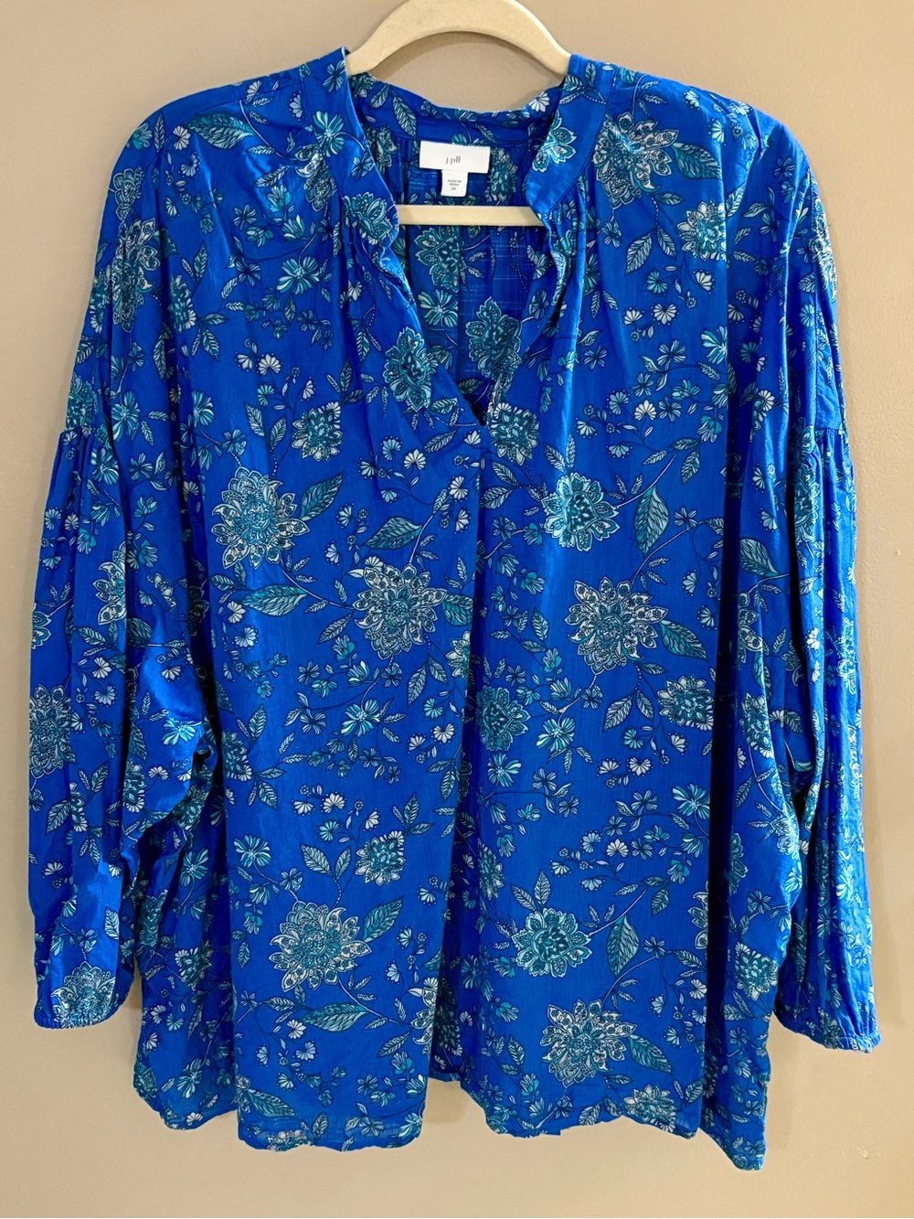 J.Jill 2X Floral Split Neck Jacobean Print Boho Blouse